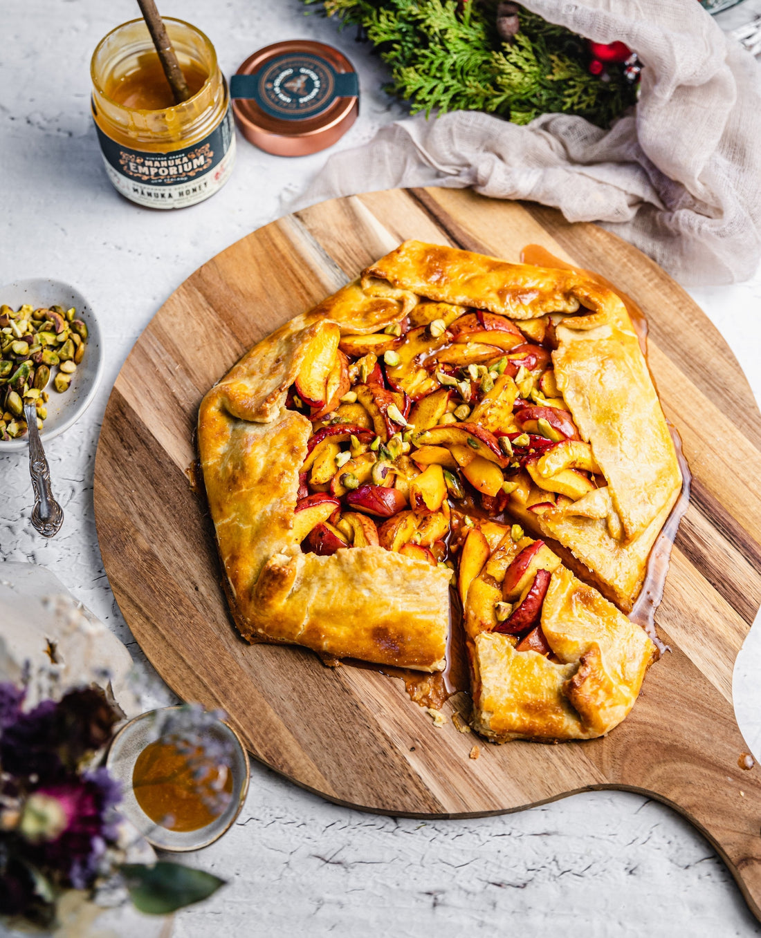 Nectarine, Manuka Honey & Pistachio Tart